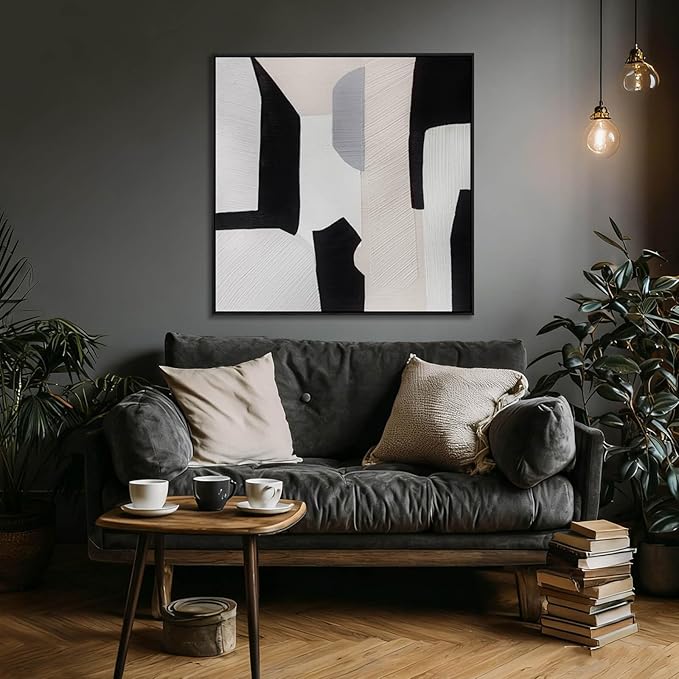 LEVERUP Black and White Square Geometric Pattern Wall Artwork Modern Painting Posters Abstract Wall Decor for Dining Room Bedroom Kitchen 32×32 Inchs
