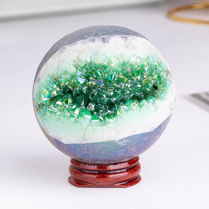 Sportmusies Titanium Coated Rock Crystal Geode Ball with Wooden Stand, Druzy Quartz Stone Cluster Sphere Reiki Home Office Decoration, Green