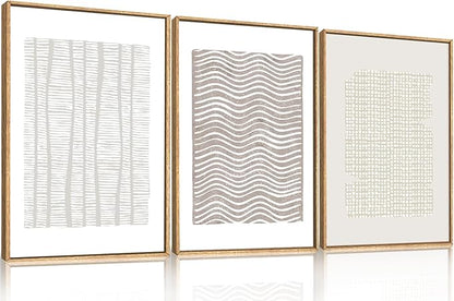 Large Abstract White and Beige Framed Canvas Wall Art,Geometric Dot and Line Wall Decor,Modern Wave Lines Artwork,Neutral Minimalist Shapes Art Print for Living Room,Bedroom,Office- 16"x24"x3