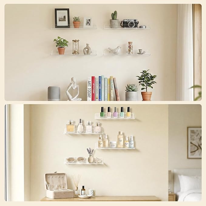 Lifewit Floating Shelves for Bathroom, 15" Acrylic Wall Organizer for Perfume, Makeup, Figures, Nail Polish, Photo, Book, Decor Display Rack for Nursery, Living Room, Bedroom, Kitchen, Clear, 12 Pack