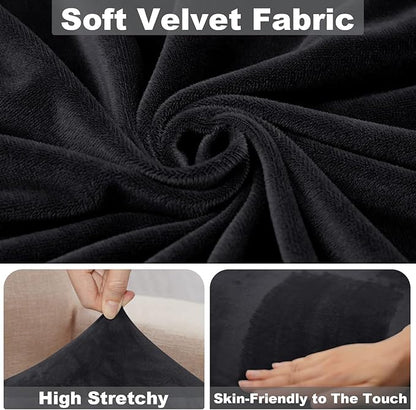 NAISI Sectional Couch Cover 4 Pieces Velvet Separate Couch Cushion Covers L Shape Soft Stretch Sofa Slipcovers with 2pcs Pillowcases for Left/Right Chaise Sectional Couch(3 Seater+1 Chaise,Black)