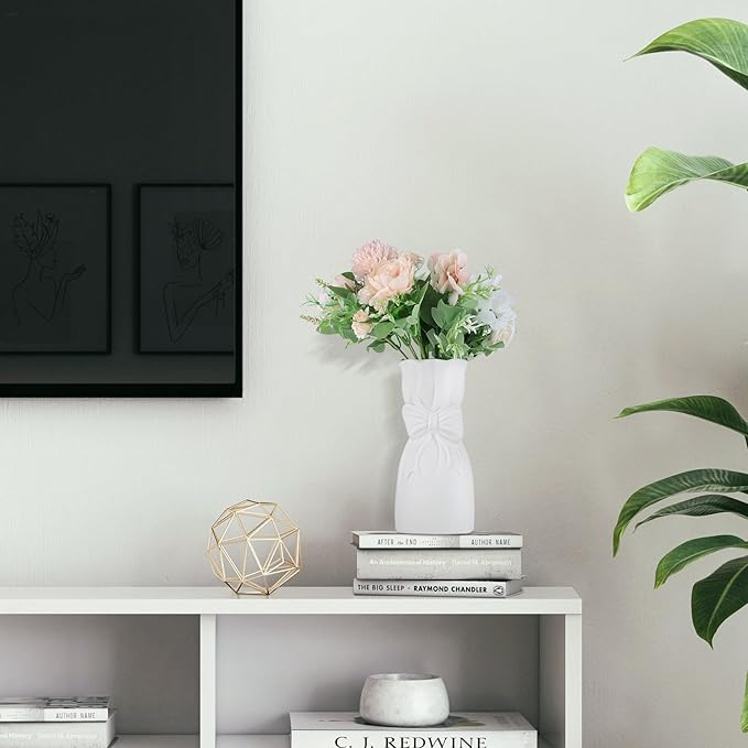 Frosted Porcelain Floral Handmade Vases,Frosted Ceramic vases,Geometric Ceramic Flower Vase for Modern Home Decoration and high-end Wedding,Matte Frosted Texture Bud Flower Vase (Bowknot Vase)