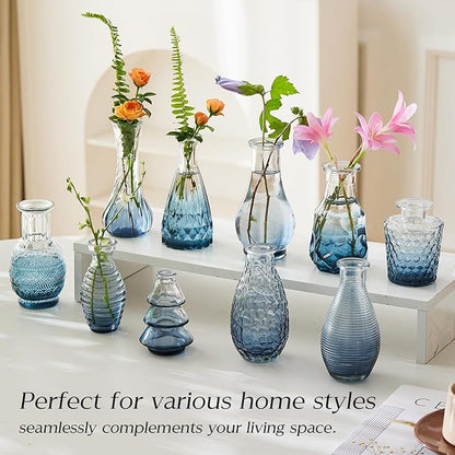 Glass Bud Vase Set of 20 - Small Vases for Flowers in Bulk - Assorted Vintage Crystal Vases for Flowers, Table Centerpieces (Blue, 20 Pcs)
