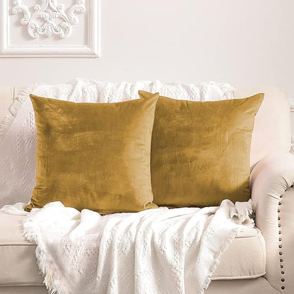 FY FIBER HOUSE Pack of 2 Velvet Throw Pillow Covers Decorative Pillowcase Soft Solid Cushion Cover, 18 x 18 Inch, Gold Yellow