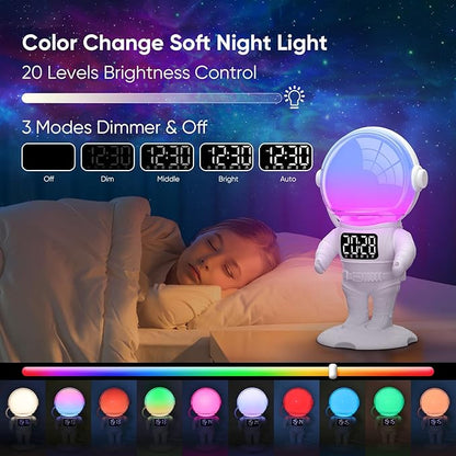 Astronaut Sunrise Alarm Clock for Kids, White Noise Sound Machine with 30 Soothing Sounds, 22 Dimmable Nightlights, Bluetooth Speaker, Dual Digital Alarm Clocks, Wake Up Light for Bedroom, Adults