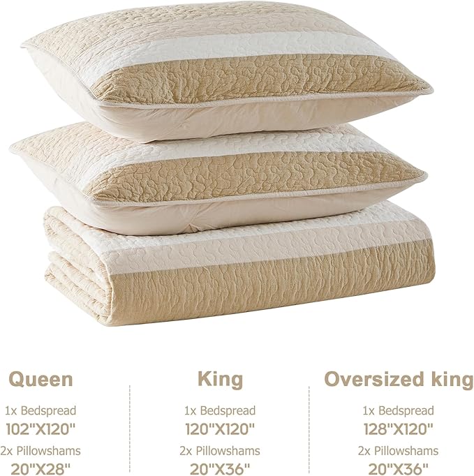 Finlonte 100% Cotton Overized King Bedspread Set, Striped Reversible Lightweight Super Large Quilted Bedspreads Coverlet, 3-Piece, Brown, California King Size