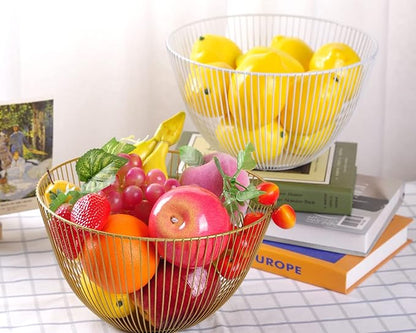 IBWell Wire Fruit Basket Fruit Bowl Kitchen Fruit Basket Stand Fruit Bowls for the Counters Metal Fruit Bowl (Exposure) (Round-Gold)