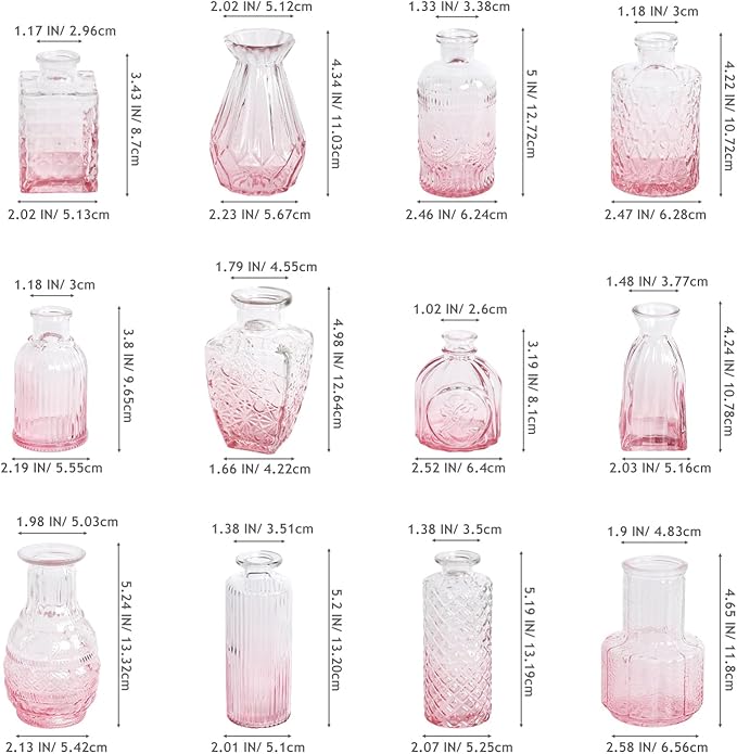 Pink Ombré Glass Bud Vase Set of 12, Vintage Embossed Mini Flower Vases for Centerpieces, Wedding, Bridal Shower, Baby Shower, Birthday Party, Decorative Small Glass Bottles for Home Decor