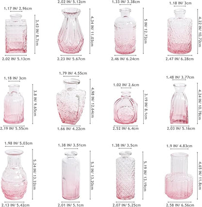 Pink Ombré Glass Bud Vase Set of 12, Vintage Embossed Mini Flower Vases for Centerpieces, Wedding, Bridal Shower, Baby Shower, Birthday Party, Decorative Small Glass Bottles for Home Decor
