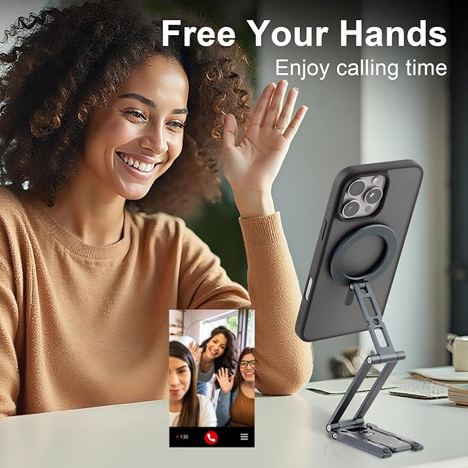 Leftfoto Metal Strong Magnetic Phone Stand 3-Axis Adjustable Foldable Cell Phone Mini Tripod Desk Holder Compatible with iPhone17/Promax16/15 Pro Max/14 Pro/13/12/MagSafe Cases or Android Phones