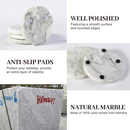 Koville Marble Coaster Set of 4, Round White Coasters, 4" Cup Coasters for Drinks, Heat Resistant Coaster for Coffee Table Home Office Bar Decor(Bianco Palomino)