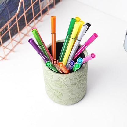 PU Leather Pen Holder Round Flash Makeup Brush Holder Desktop Pencil Storage Holder Gift for Desk Office Classroom Home(1-Carved Green)