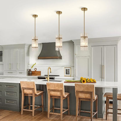 Modern Gold Crystal Pendant Light for Kitchen Island, Luxury Mini Water Ripple Glass Chandelier Lights Fixture, E26 Square Adjustable Hanging Pendant Lighting for Dining Room Bedroom (1-Pack)
