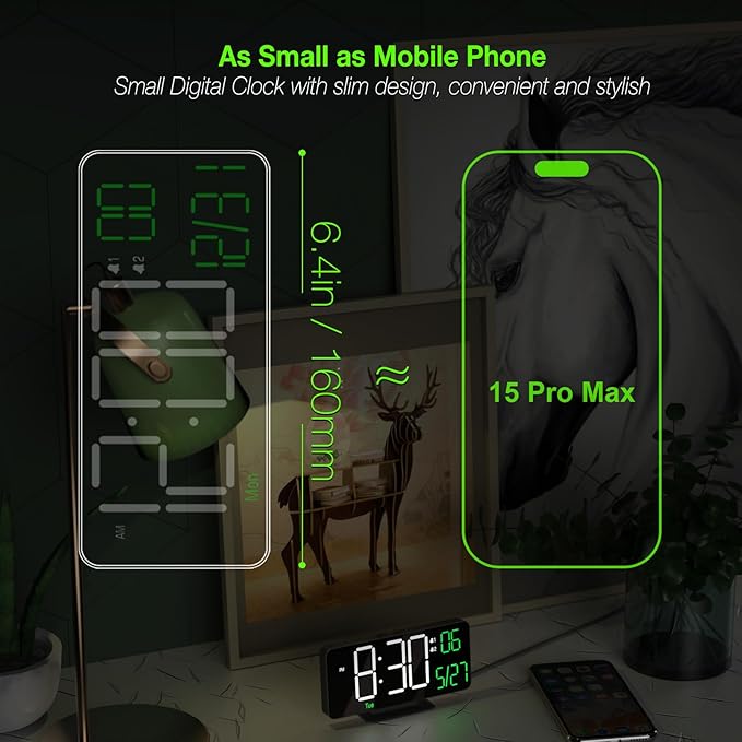 KOSUMOSU Digital Clock for Bedroom, 6.7in Black Alarm Clocks for Bedrooms,Auto Dimming, Date, Day of Week, Indoor Temperature,Digital Alarm Clock,Clocks for Living Room