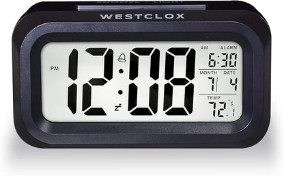 Westclox Digital LCD Alarm Clock with Large 1.4" Display, White Backlight on Demand, Month/Date and Temperature Display, Ascending 5-Minute Snooze Alarm – Bedroom or Office (Black)