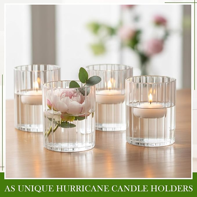 6 Pcs 4 Inch Tall Glass Ribbed Cylinder Vases Clear Floating Candle Flower Vase in Bulk, Hurricane Candle Holder for Wedding Housewarming Gift Table Centerpieces