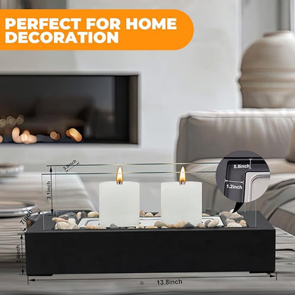 Rectangle Tabletop Hurricane Candleholder with Decorative Stones - Suitable for Dia 2.5" and Below Pillar Candles and Scented Candles, Gift for Dinner Table Centerpiece & Housewareming