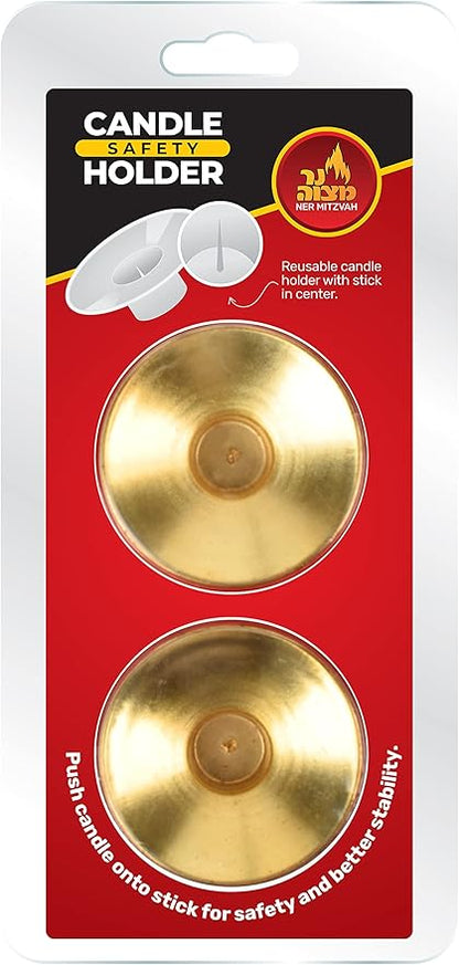 Ner Mitzvah Reusable Metal Candlestick Liners and Drip Guards - Safety Pin Holds Candles in Place - Nickel Plated Protector Bobeches - Gold - 2 Pack