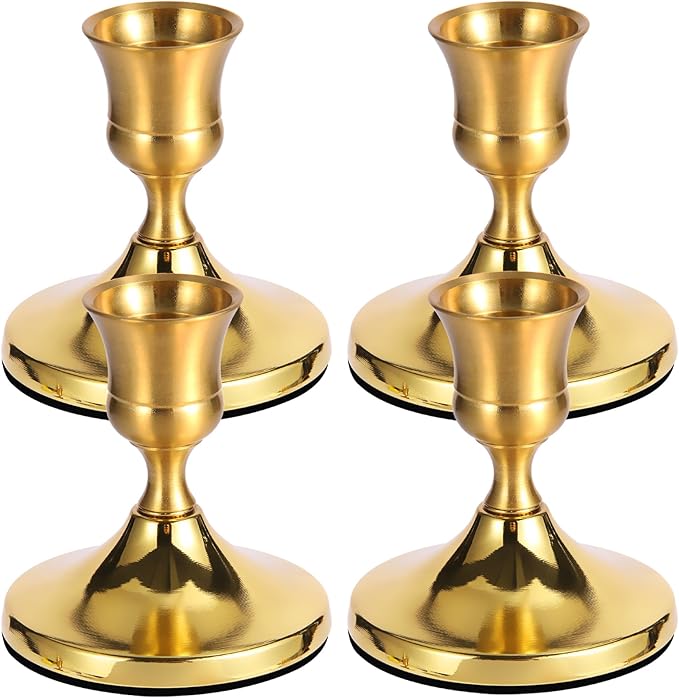 4 Pcs Brass Gold Taper Candle Holders, Vintage Metal Candlestick Holders Set for Dining Table, Wedding & Party Centerpiece Decor, Fits Standard Taper Candles, Mantel & Home Decorations