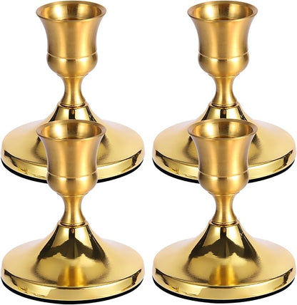 4 Pcs Brass Gold Taper Candle Holders, Vintage Metal Candlestick Holders Set for Dining Table, Wedding & Party Centerpiece Decor, Fits Standard Taper Candles, Mantel & Home Decorations