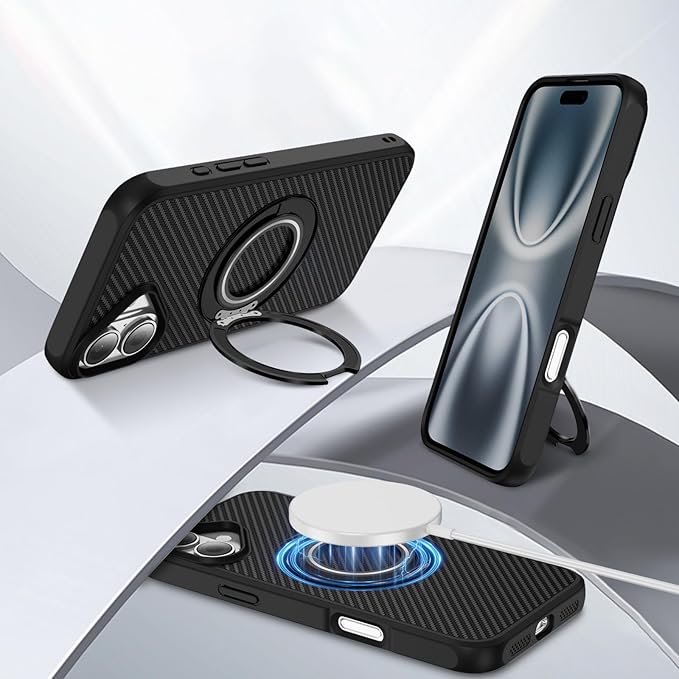Mag-Stand Carbon Fiber Case for iPhone 17, 360° Rotate Magnetic Stand, Compatible with MagSafe, 15FT Military Protection, Slim Shockproof Magnetic Kickstand Mag Phone Case for Men Women Black