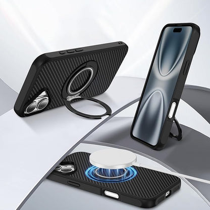 Mag-Stand Carbon Fiber Case for iPhone 17, 360° Rotate Magnetic Stand, Compatible with MagSafe, 15FT Military Protection, Slim Shockproof Magnetic Kickstand Mag Phone Case for Men Women Black