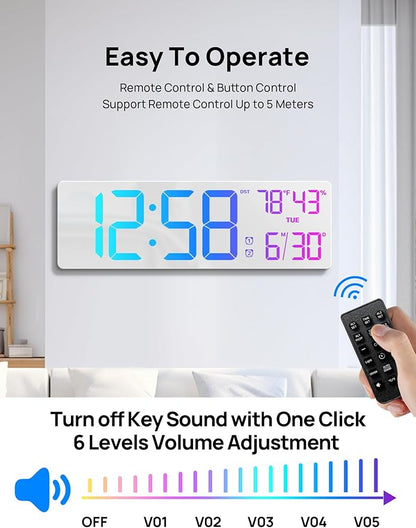18.5" Large Digital Wall Clock with Remote Control, Big LED Display Digital Clocks with Night Light, Alarm, Countdown, DST, Temp, Date for Living Room, Bedroom, Office, Gift for Seniors(White)