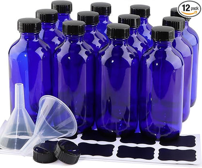 12 Pack 8 oz Cobalt Blue Glass Bottles, 240ml Boston Round Sample Bottles with Black Poly Cone Caps, Labels and Funnels