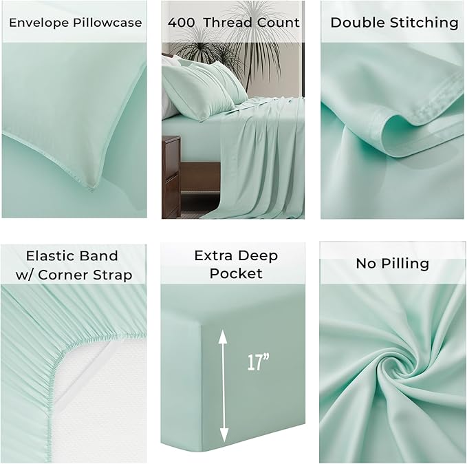 Luxury Bamboo Market | King Size Bed Sheet Set | 100% Viscose Made from Bamboo | Organically Grown | Ultra Soft | Cooling Sheets for Hot Sleepers | 17" Deep Pocket [Coastal Green]