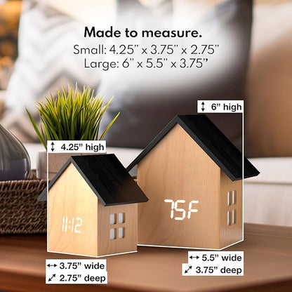 Driini Digital House-Shaped Alarm Clock with Temperature Display (Light Wood) – Modern Aesthetic - Cute Cube Frame and White LED Dimmer - Perfect Small Desk Clock for Bedside Table or Bedroom Mantle