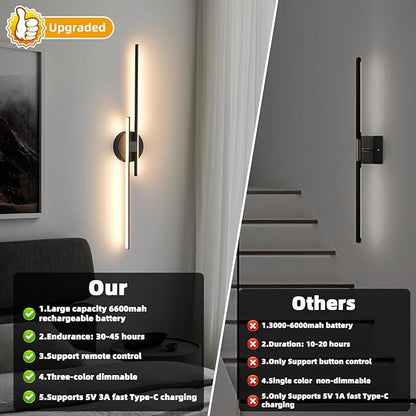 Rechargeable Battery Operated Wall Sconce Set Of Two, Black Wireless LED Wall Sconces With Remote Control, Dimmable 3 Colors Cordless wall lights for Living Room, bedroom, Hallway, 31.4 Inch ( 2pcs)