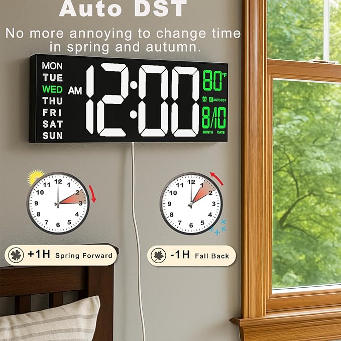 TrophyRak 16" Large Digital Wall Mount Clock, Count Down Timer, Alarm, Big LED, RGB Color, DST, Temperature for Living Room Classroom Desk, Wall, Xmas, Birthday Gift for Senior Mom Dad, White Green