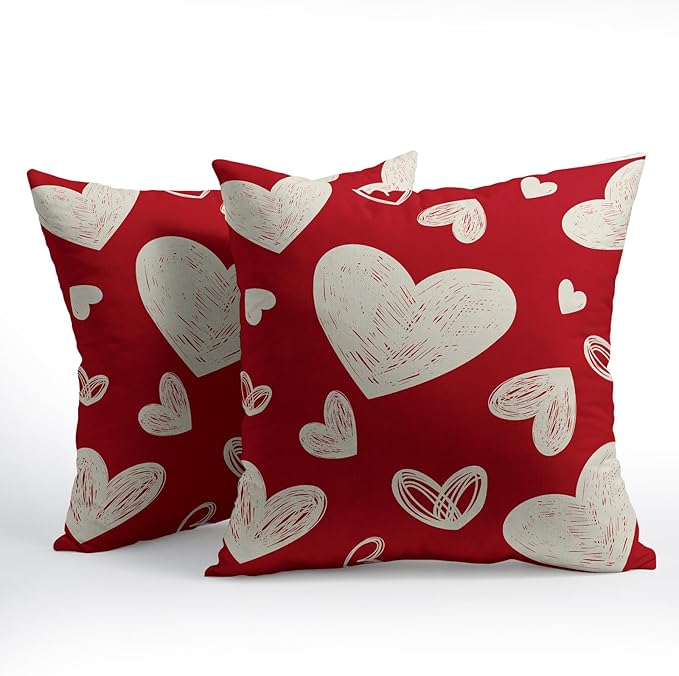 Valentines Day Pillow Covers 22x22 Set of 2 Red Love Print Decorative Outdoor Heart Throw Pillow Cases Rustic Holiday Decoration Farmhouse Sofa Couch Cushion Cover Bed Decor