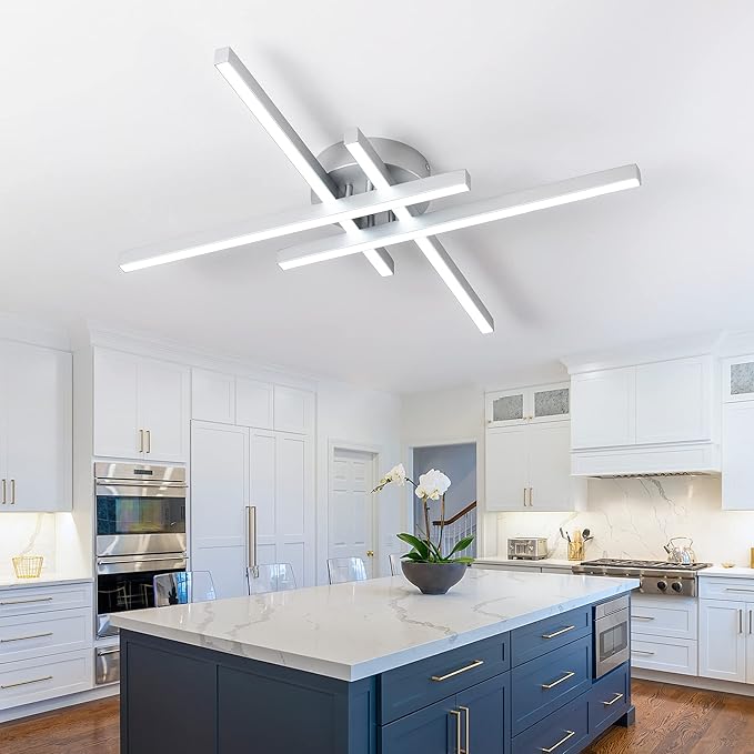 Updated Modern Ceiling Light ,Preminum Close to Ceiling Light fixtures,Modern Light Fixtures Ceiling Dimmable for Dining Room Kitchen Bedroom Living Room 40W 6000K Cool Light (Silver)