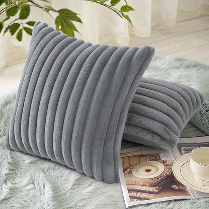 decorUhome Faux Fur Spring Throw Pillow Covers 22x22 Set of 2, Decorative Soft Plush Striped Neutral Couch Euro Sham Pillow Covers with Velvet Back for Sofa, Bed, Living Room Home, Grey