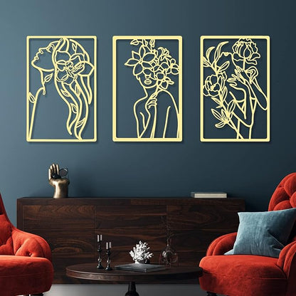 CHENGU Metal Wall Art (3 Pieces, Gold, Floral Style) - Minimalist Abstract Woman Line Drawing Wall Art Decor for Kitchen Bathroom Living Room