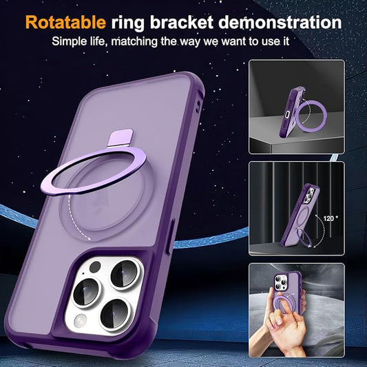 Compatible with iPhone 15 Pro Max Case with Invisible Magnetic O-Ring Stand Military-Grade Translucent Case for iPhone 15 ProMax 6.7" [Compatible with Mag-Safe][Great Grip Feeling], Purple