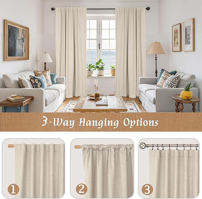 LAMIT Oatmeal 100% Blackout Linen Curtains, 63 Inches Linen Textured Thermal Bedroom Curtains Back Tab and Rod Pocket Neutral Panels with White Liner for Farmhouse, 2 Panels, 38 x 63 Inch