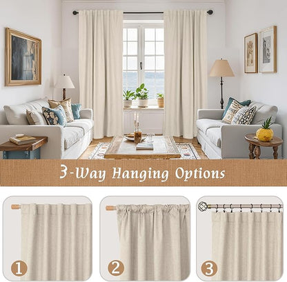 LAMIT Oatmeal 100% Blackout Linen Curtains, 63 Inches Linen Textured Thermal Bedroom Curtains Back Tab and Rod Pocket Neutral Panels with White Liner for Farmhouse, 2 Panels, 38 x 63 Inch
