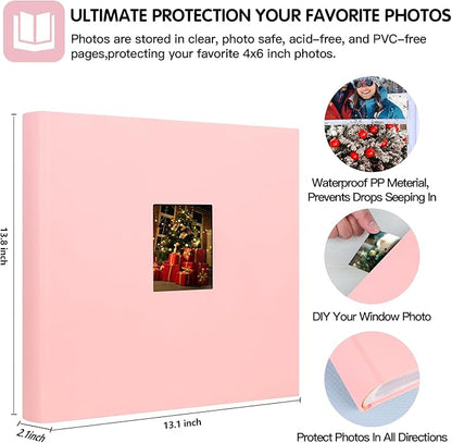 Photo Album 4x6 600 Photos with Writing Space,4 x 6 Photo Book Linen Cover with Front Window, 4x6 Picture Album 600 Photos Photo Album Book for Wedding Kids Travel Family Baby Pictures (Pink)