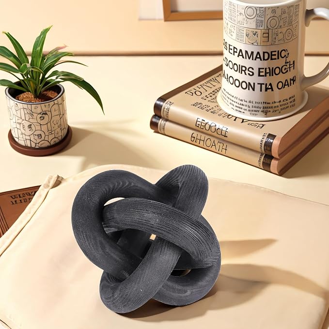 3 Link Hand Carved Wood Knot, Wood Chain Link Decor, Rustic Decorative Objects for Home, Living Room, Bedroom, Coffee Table, Modern Farmhouse Shelf Decor (Black)
