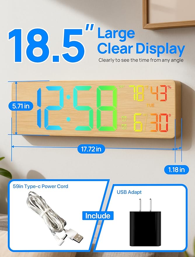 2025 Upgrade 18.5" Large Digital Wall Clock with Remote Control, Big LED Display Digital Clocks with Night Light, Alarm, Countdown, DST, Temp for Living Room, Bedroom, Office, Gift for Seniors(Bamboo)