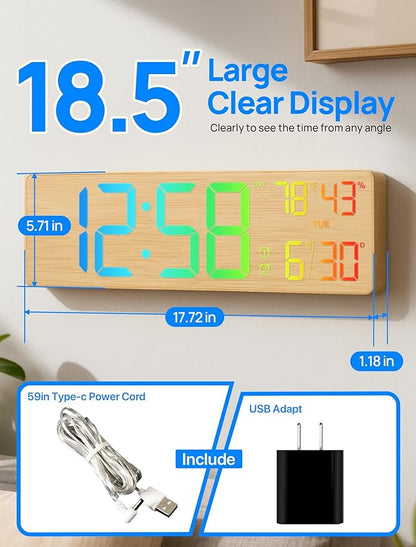 2025 Upgrade 18.5" Large Digital Wall Clock with Remote Control, Big LED Display Digital Clocks with Night Light, Alarm, Countdown, DST, Temp for Living Room, Bedroom, Office, Gift for Seniors(Bamboo)