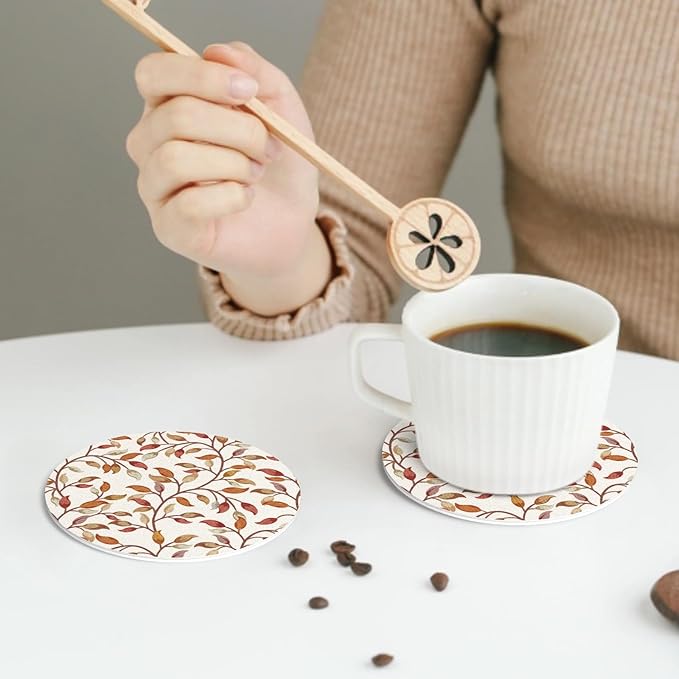 Fall Leaves Coaster Set of 4 Autumn Cup Coasters for Drinks Thanksgiving Harvest Waterproof Wipeable PVC Round Coasters Mat for Coffee Beer Wine Outdoor Patio Table Bar Desk Seasonal Desk Decor