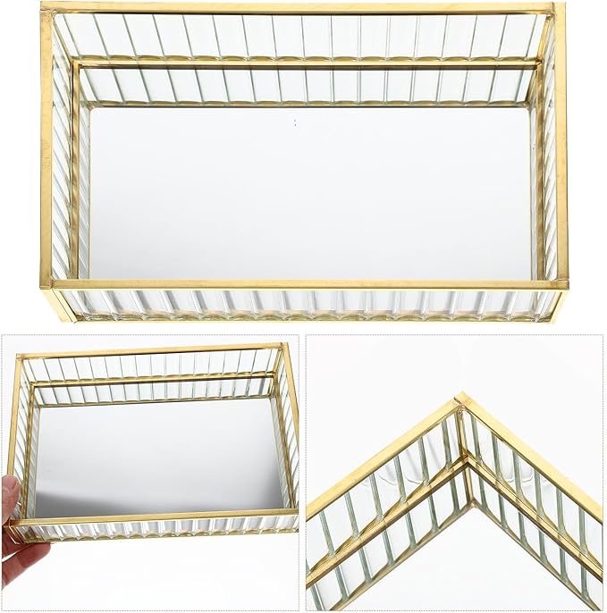 Alloy Frame Glass Jewelry Storage Tray Small Striped Mirror Surface Organizer for Earrings Lipstick Perfume Decorative Dish for Home Vanity and Desktop Tidying