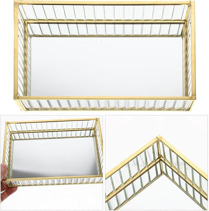Alloy Frame Glass Jewelry Storage Tray Small Striped Mirror Surface Organizer for Earrings Lipstick Perfume Decorative Dish for Home Vanity and Desktop Tidying