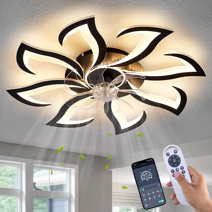HuixuTe 32" Black 8-head Geometric Ceiling Fan with Lights Remote Control, Low Profile Ceiling Fan with Light for Kitchen Bedroom Living Room