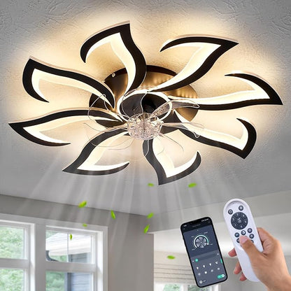 HuixuTe 32" Black 8-head Geometric Ceiling Fan with Lights Remote Control, Low Profile Ceiling Fan with Light for Kitchen Bedroom Living Room