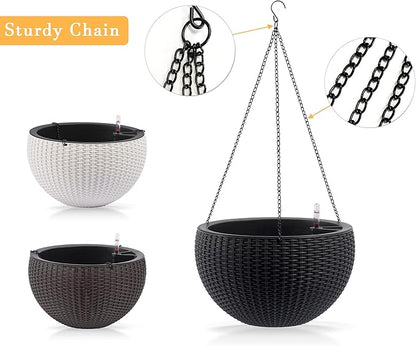 13.5 inch 2Pack Large Hanging Planters for Outdoor/Indoor Plants, Self Watering Hanging Pot with Water Level Indicato, Drainage Holes and Chain for Garden Porch, Black