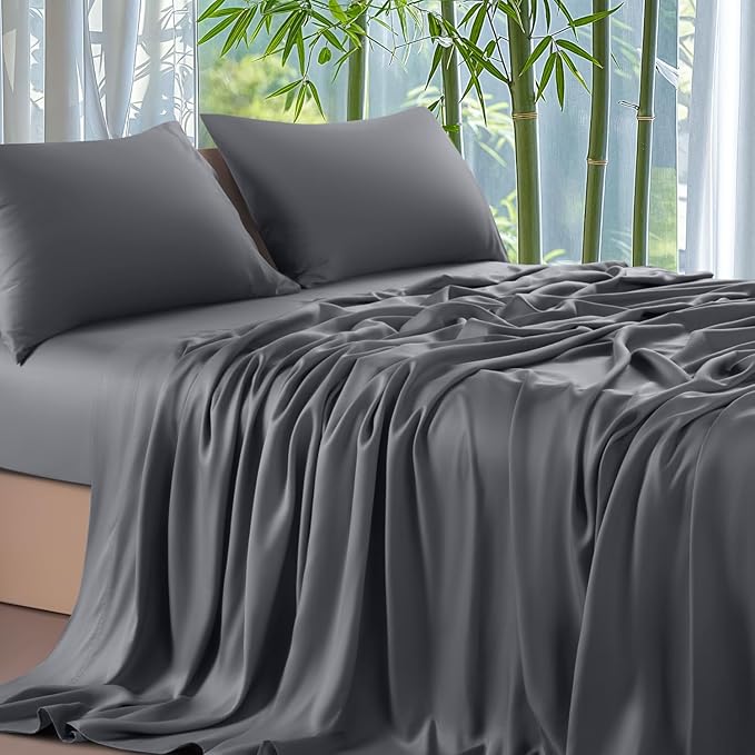 Shilucheng 100% Viscose Derived from Bamboo_ Sheets Full Size 4pcs - Ultra Cooling & Silky Soft Bed Sheets, 16" Deep Pocket, Perfect for Hot Sleepers, Hotel Bedding Sheets (Dark Grey)